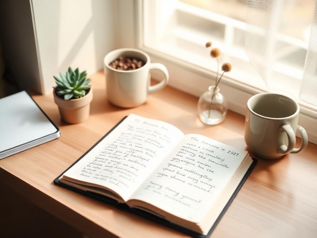 A cozy desk with a journal, a small plant, and a mug in soft morning light