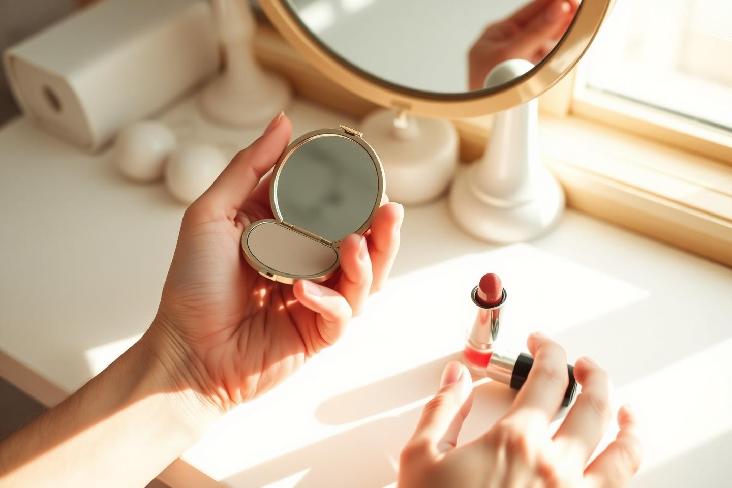 Hands holding a small compact mirror and a lipstick on a sunlit dressing table