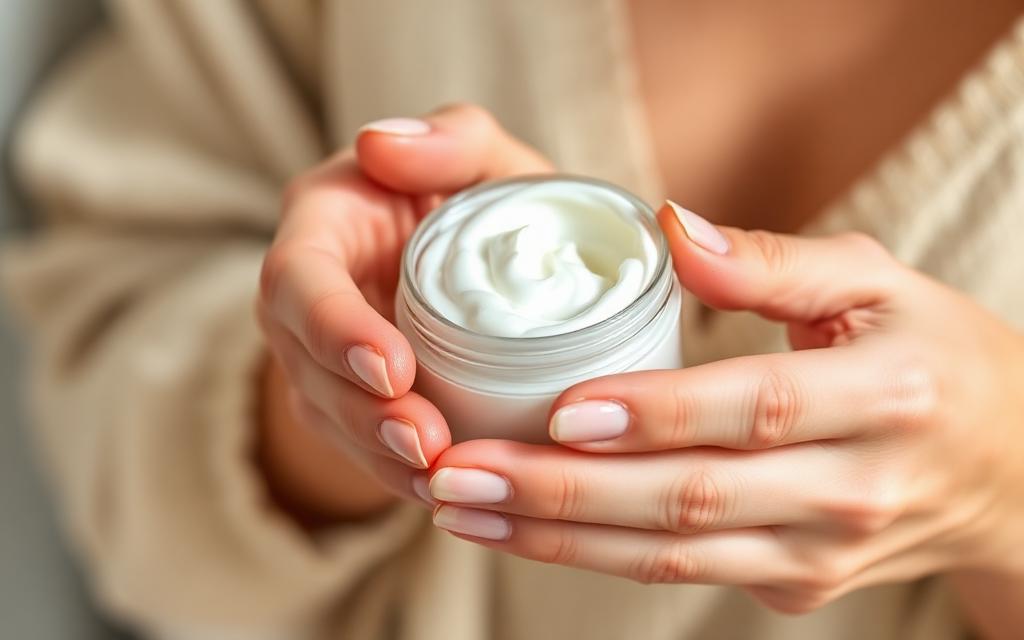 Hands applying a gentle cream in warm morning light