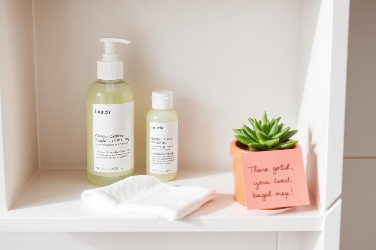 A simple bathroom shelf with gentle skincare bottles, a cotton pad, and a small plant