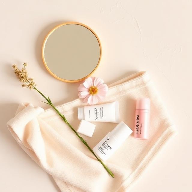 A soft self-care scene with a mirror, flower, and towel
