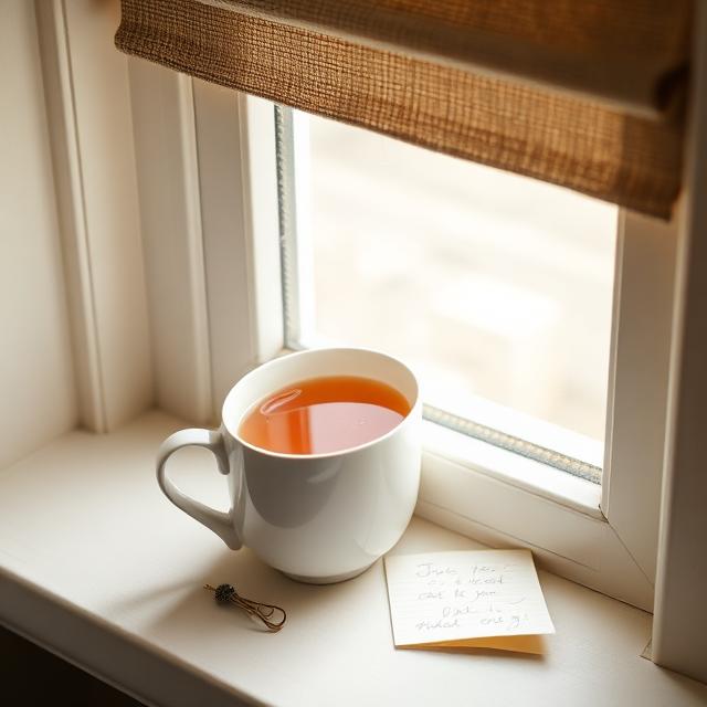 Herbal tea and a hair clip on a bright windowsill