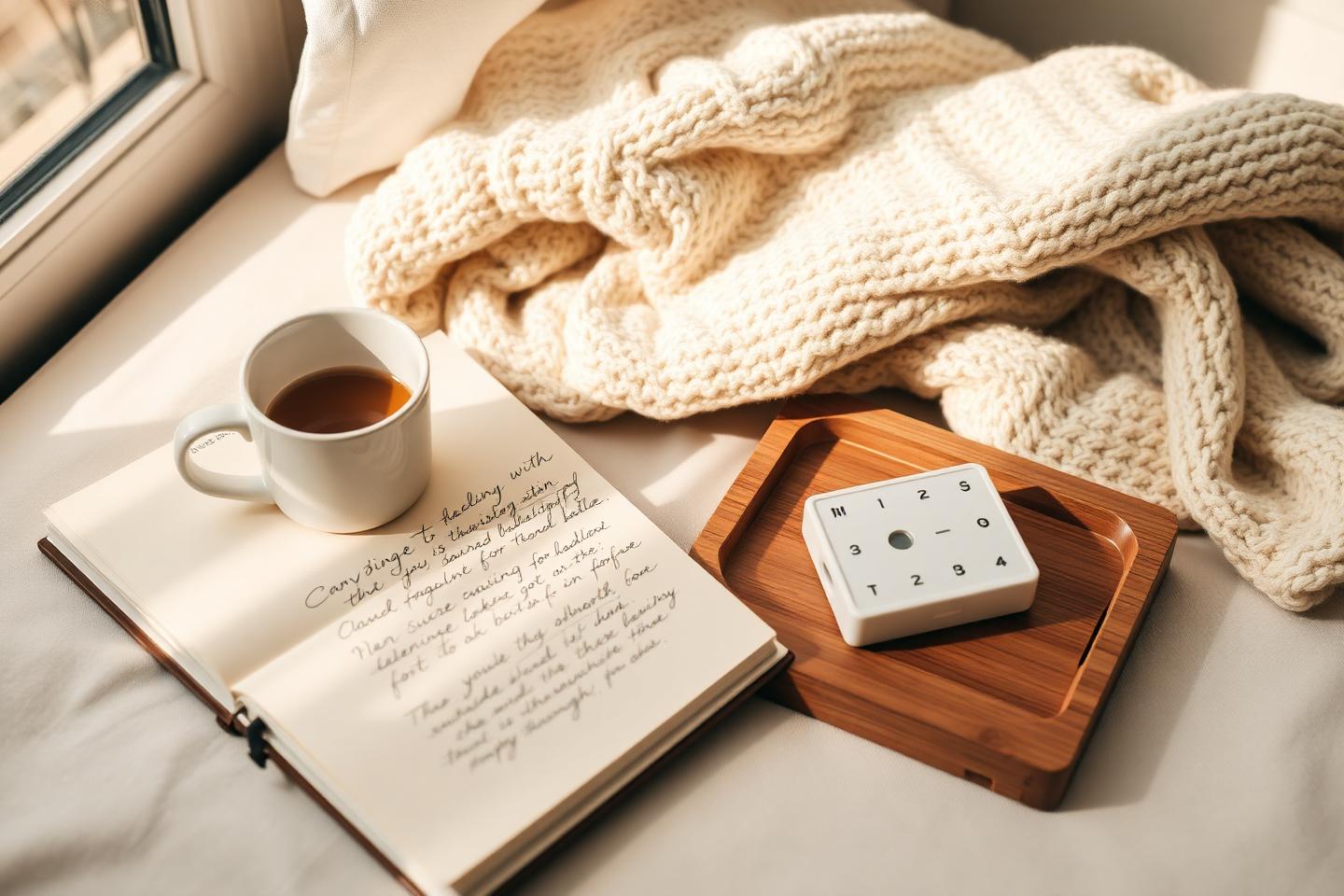 A cozy corner with a mug, notebook, blanket, and a small pill organizer on a wooden tray